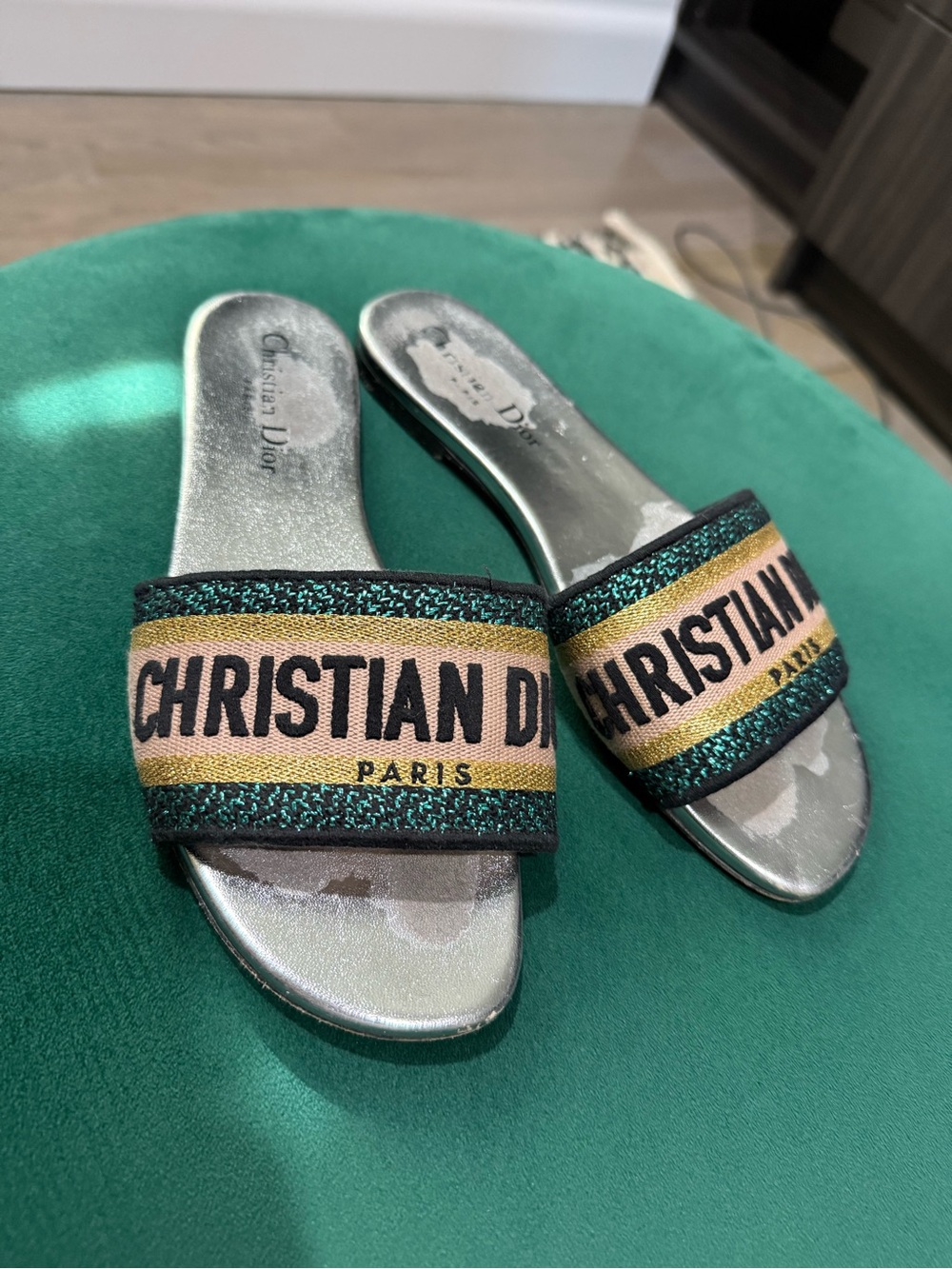 Dior Metallic Silver Slide Sandals with Green and Gold Logo Band